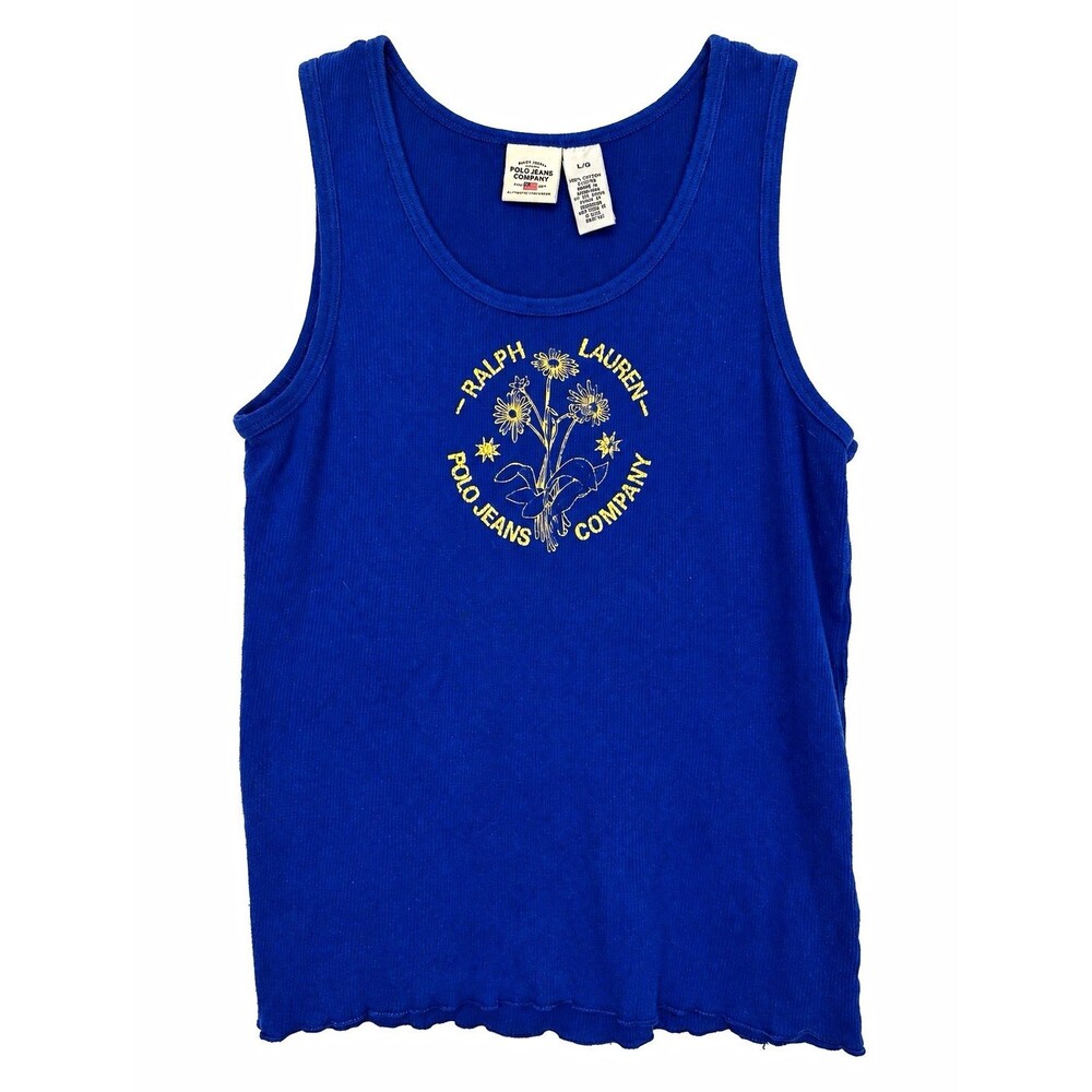 Vintage Polo Jeans Ralph Lauren Tank Top Womens Large Blue Floral Ribbed Cotton